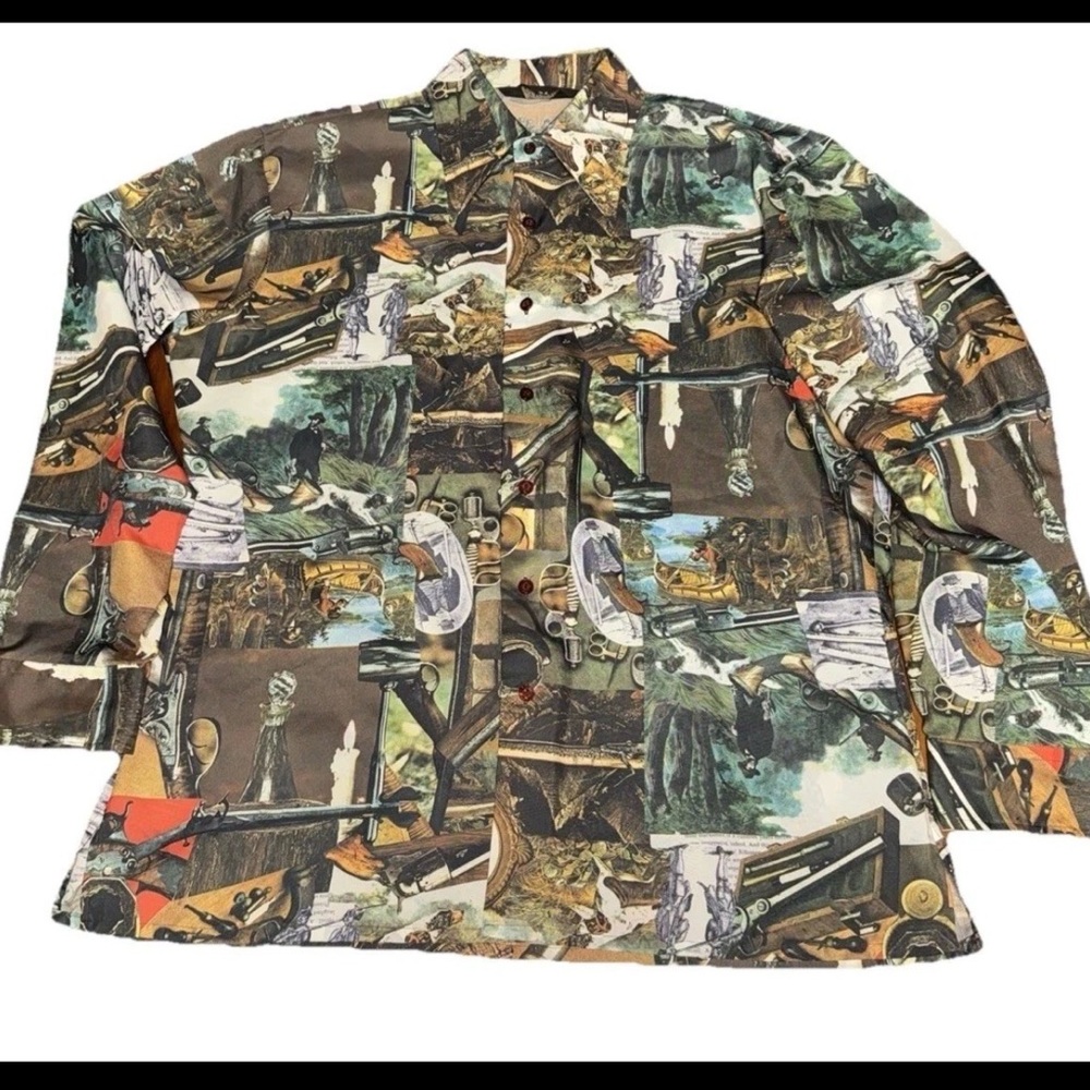 Vtg. Topaz Mens Dog Hunting Polyester Long Sleeve Button Up Sz L  Preppy Dadcore